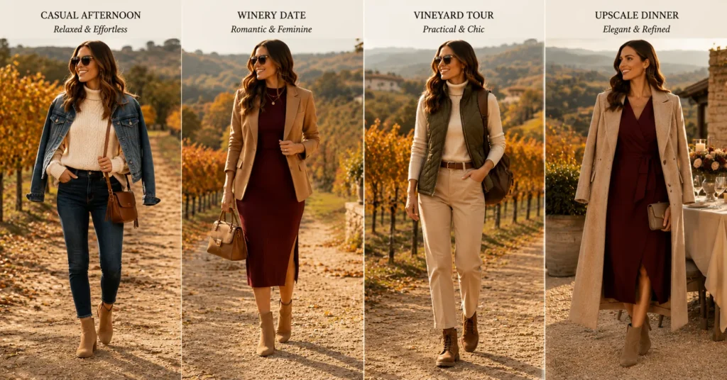 Fall Winery Outfit Ideas comparison showing outfits for different vineyard occasions.