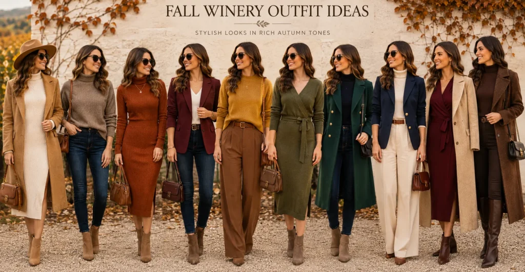 Fall Winery Outfit Ideas featuring autumn color palettes and seasonal clothing.