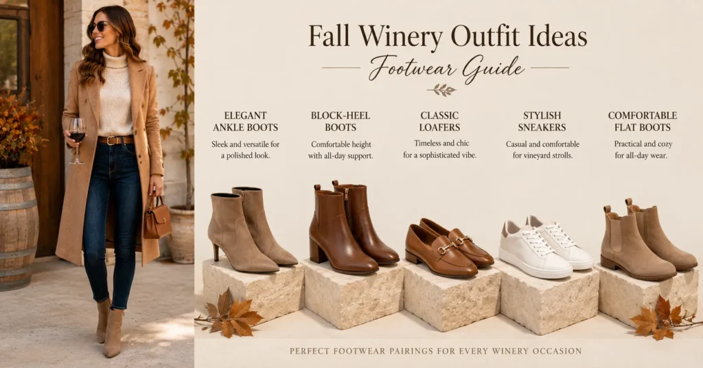 Fall Winery Outfit Ideas featuring comfortable footwear for vineyard terrain.
