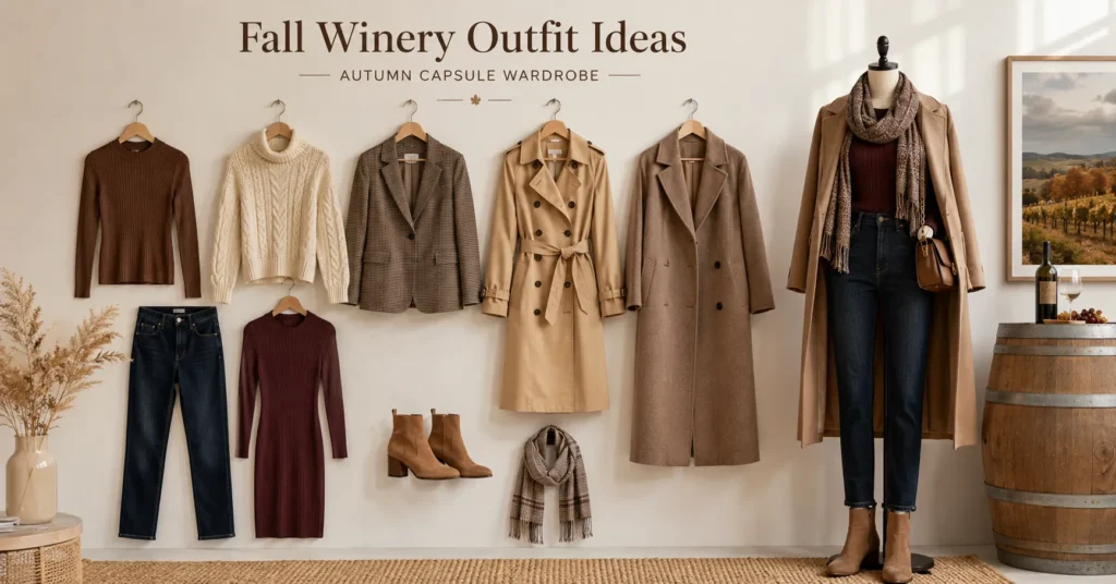 Fall Winery Outfit Ideas featuring layered autumn clothing and seasonal fabrics.