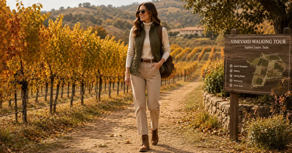 Fall Winery Outfit Ideas for a vineyard walking tour with comfortable boots.