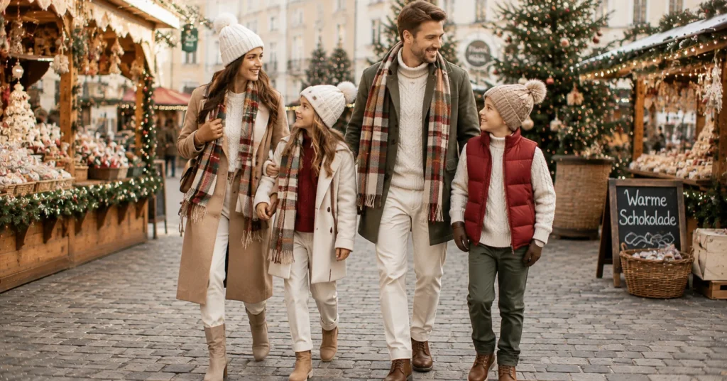 35 Stunning Christmas Market Outfit Ideas for a Cozy Winter Look 8 Family and Matching Christmas Market Outfit Ideas with coordinated cream, camel, and festive winter layers