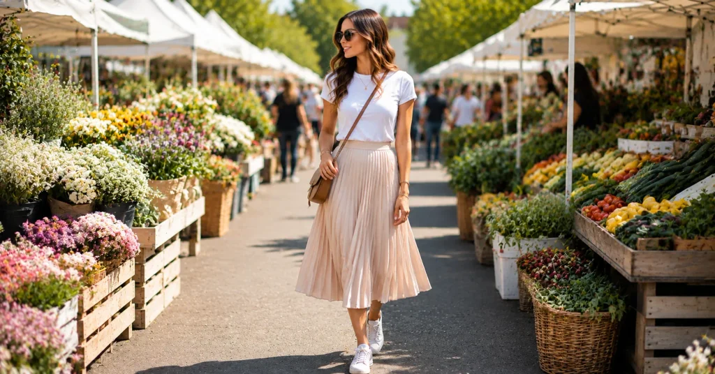 10 Effortless Farmers Market Outfit Ideas for a Cute Casual Weekend Look 12 Farmers Market Outfit Ideas featuring a flowy midi skirt, fitted tee, comfortable sandals, and crossbody bag