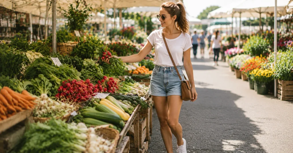 10 Effortless Farmers Market Outfit Ideas for a Cute Casual Weekend Look 4 Farmers Market Outfit Ideas featuring denim shorts, a tucked cotton tee, white sneakers, and a crossbody bag