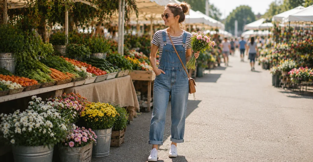 10 Effortless Farmers Market Outfit Ideas for a Cute Casual Weekend Look 6 Farmers Market Outfit Ideas featuring denim overalls, a striped tee, white sneakers, and a crossbody bag