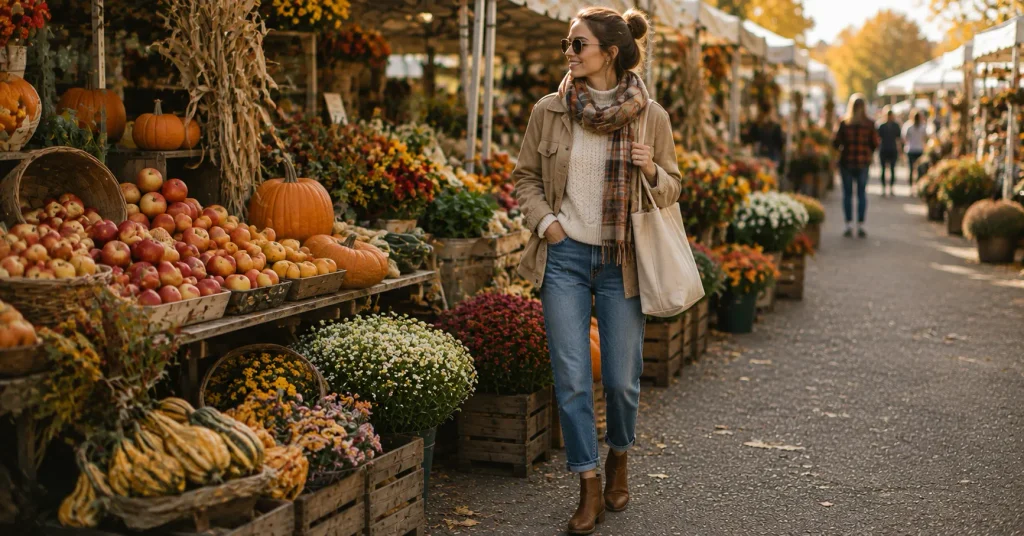 10 Effortless Farmers Market Outfit Ideas for a Cute Casual Weekend Look 7 Farmers Market Outfit Ideas featuring a cozy cream sweater, jeans, ankle boots, scarf, and tote bag