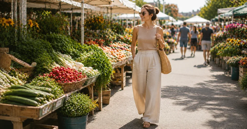 10 Effortless Farmers Market Outfit Ideas for a Cute Casual Weekend Look 8 Farmers Market Outfit Ideas featuring wide-leg pants, a fitted top, flat sandals, and a woven tote