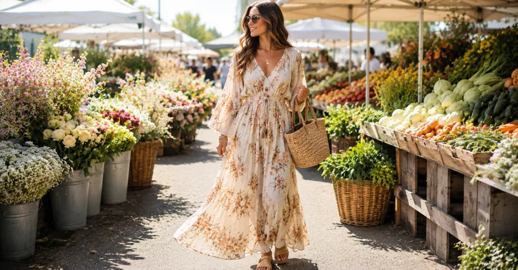 10 Effortless Farmers Market Outfit Ideas for a Cute Casual Weekend Look 10 Farmers Market Outfit Ideas featuring a romantic floral boho maxi dress, sandals, layered necklaces, and straw bag