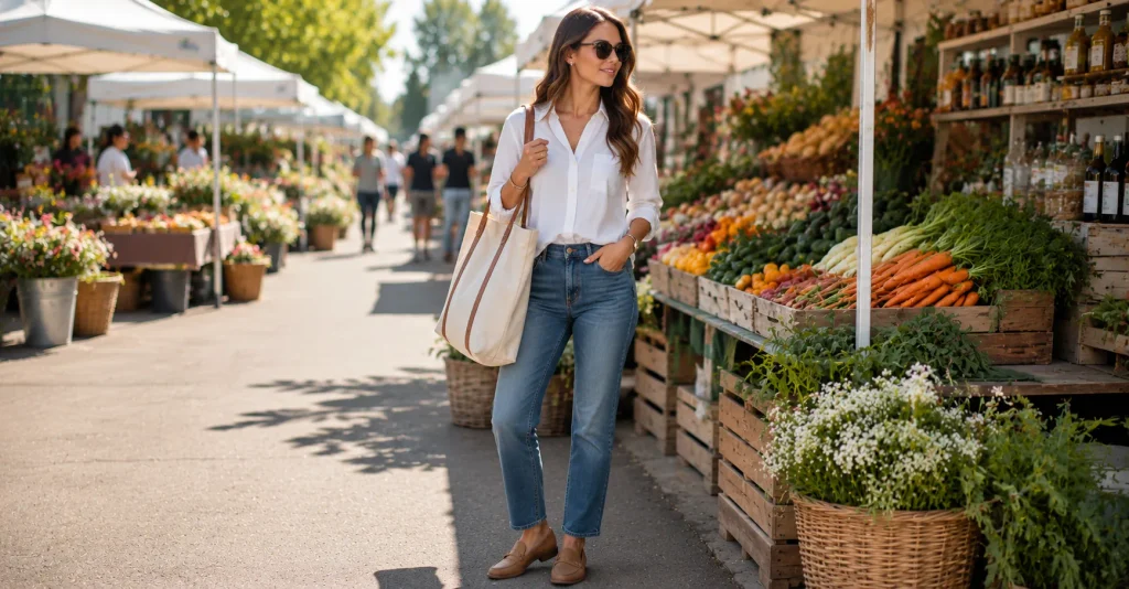 10 Effortless Farmers Market Outfit Ideas for a Cute Casual Weekend Look 11 Farmers Market Outfit Ideas featuring classic jeans, a white button-down shirt, loafers, and a structured tote