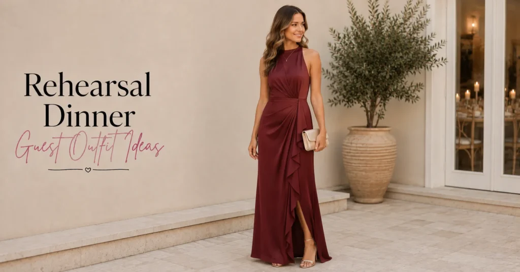 Formal Rehearsal Dinner Guest Outfit Ideas with elegant evening dress.