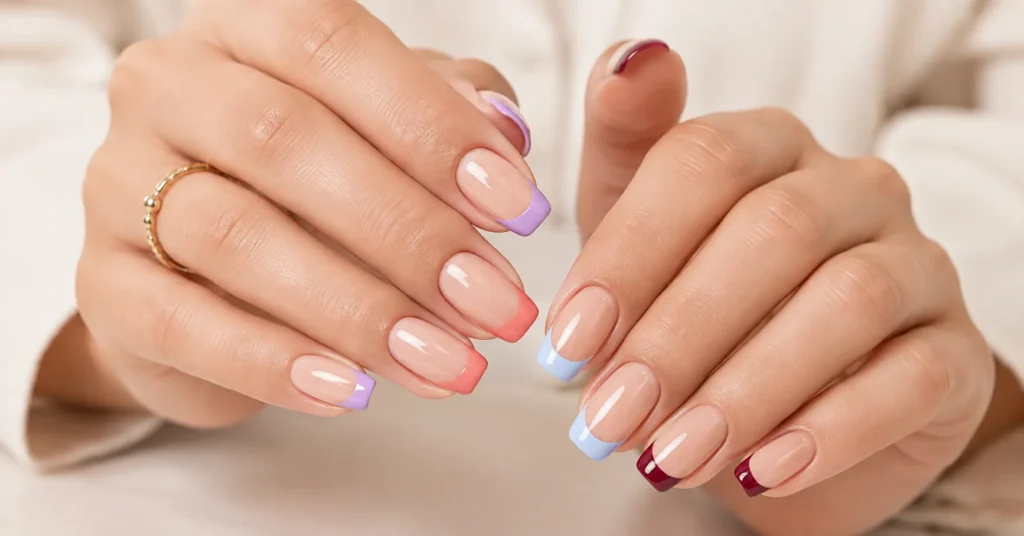 12 Stunning French Tip Nails with Design Ideas for a Chic Modern Manicure 3 French Tip Nails with Design featuring colorful lavender coral blue and burgundy tips