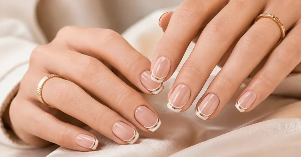 12 Stunning French Tip Nails with Design Ideas for a Chic Modern Manicure 4 French Tip Nails with Design featuring elegant double French lines and gold accents