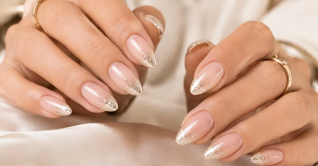 12 Stunning French Tip Nails with Design Ideas for a Chic Modern Manicure 6 French Tip Nails with Design featuring sparkling glitter ombré tips
