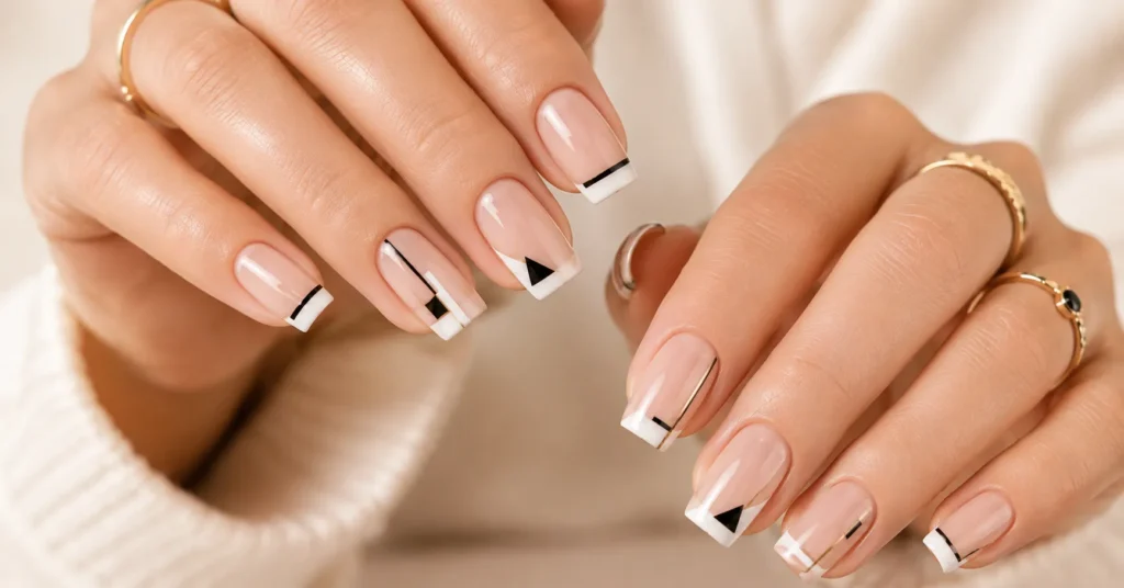 12 Stunning French Tip Nails with Design Ideas for a Chic Modern Manicure 7 French Tip Nails with Design featuring minimalist geometric nail art
