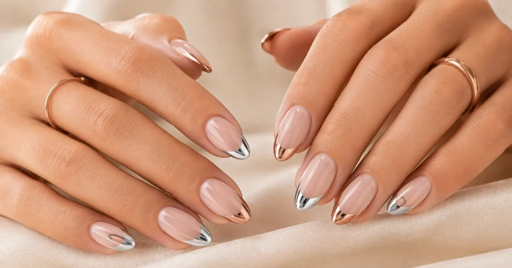 12 Stunning French Tip Nails with Design Ideas for a Chic Modern Manicure 9 French Tip Nails with Design featuring elegant metallic chrome tips