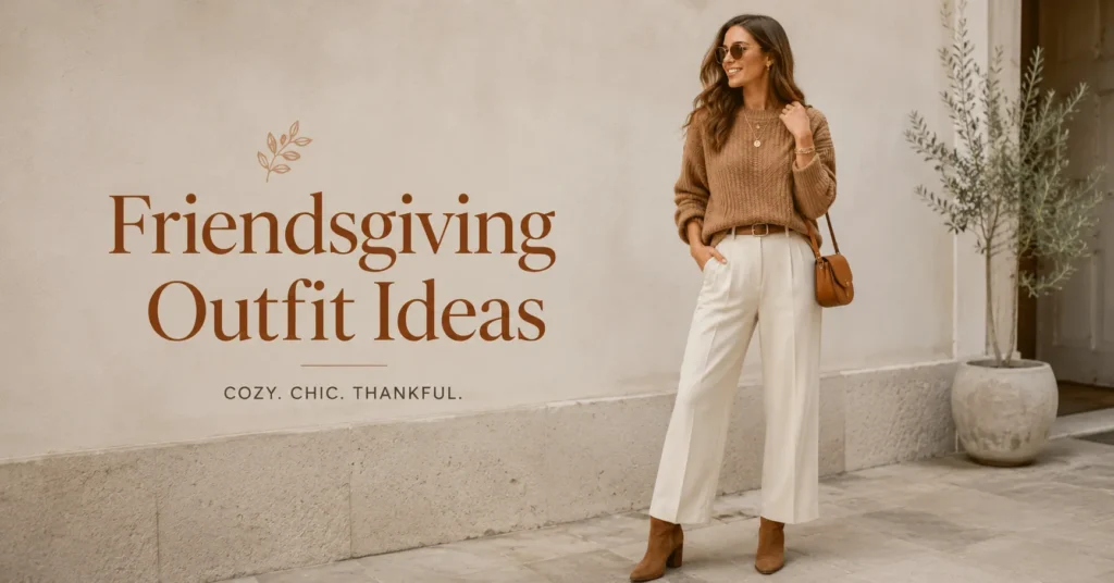 35 Effortless Friendsgiving Outfit Ideas for a Cute and Cozy Celebration 5 Friendsgiving outfit ideas featuring a cozy chic autumn look with a soft sweater and tailored trousers