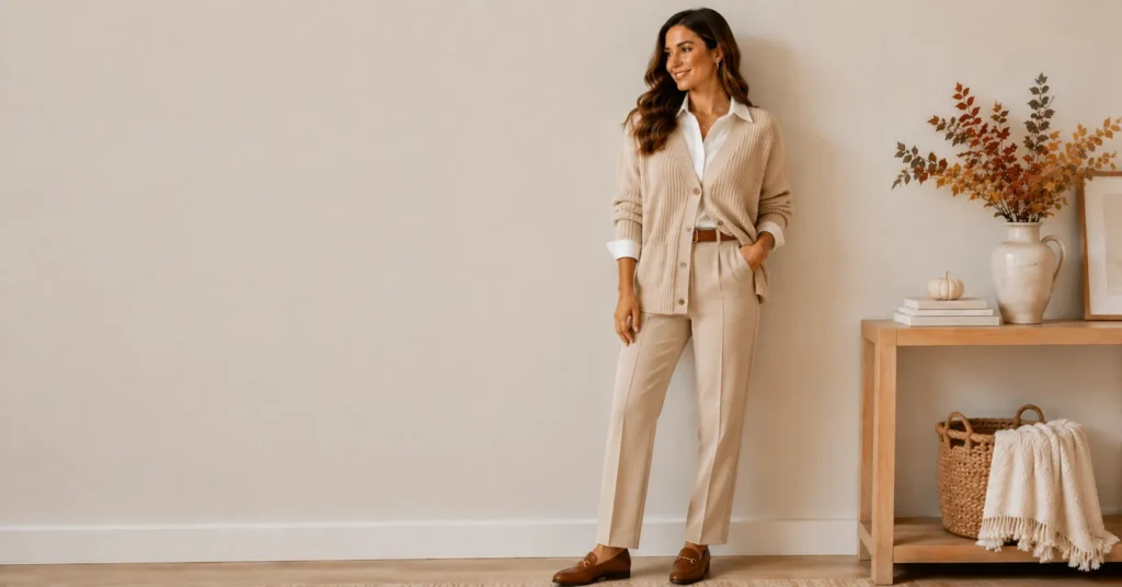 35 Effortless Friendsgiving Outfit Ideas for a Cute and Cozy Celebration 13 Friendsgiving outfit ideas featuring a cardigan layered over a collared shirt