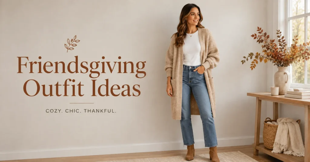 35 Effortless Friendsgiving Outfit Ideas for a Cute and Cozy Celebration 4 Friendsgiving outfit ideas featuring a cozy cardigan over a simple tee and jeans