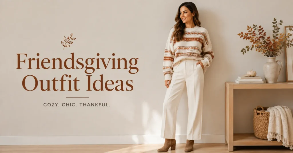 35 Effortless Friendsgiving Outfit Ideas for a Cute and Cozy Celebration 5 Friendsgiving outfit ideas featuring a festive autumn sweater and cream trousers