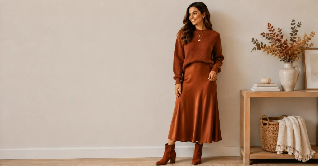35 Effortless Friendsgiving Outfit Ideas for a Cute and Cozy Celebration 10 Friendsgiving outfit ideas featuring a stylish head-to-toe rust autumn outfit