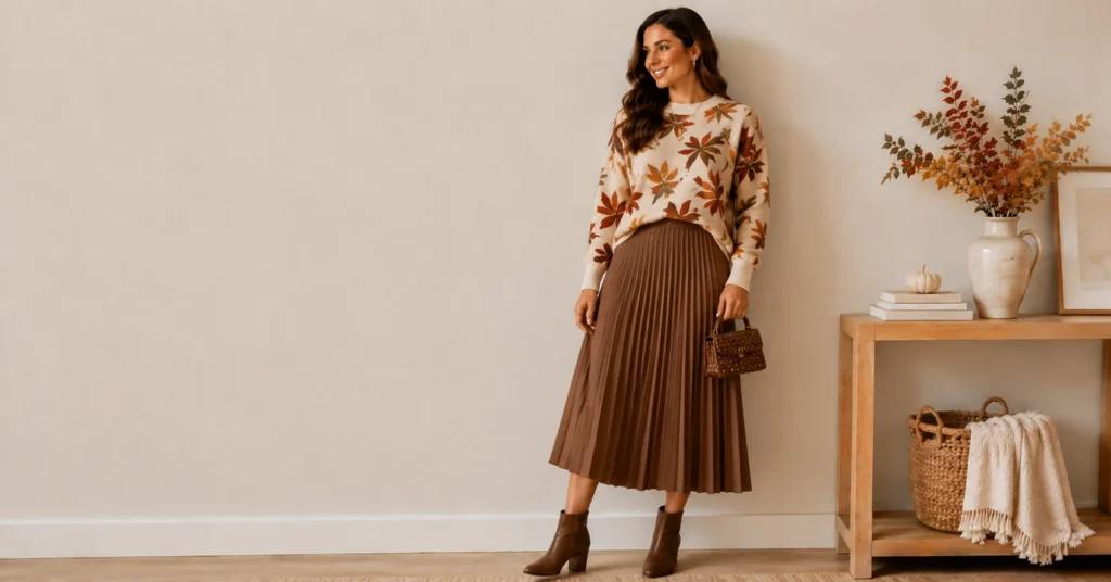 35 Effortless Friendsgiving Outfit Ideas for a Cute and Cozy Celebration 16 Friendsgiving outfit ideas for a festive dresser wearing a stylish autumn sweater and midi skirt