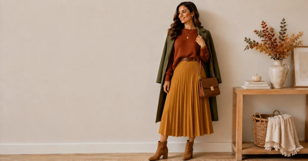35 Effortless Friendsgiving Outfit Ideas for a Cute and Cozy Celebration 17 Friendsgiving outfit ideas for warm-tone lovers featuring rust, mustard, olive, and beige colors