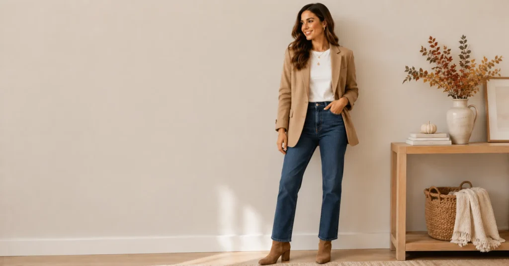 35 Effortless Friendsgiving Outfit Ideas for a Cute and Cozy Celebration 7 Friendsgiving outfit ideas with a camel blazer, white tee, and jeans