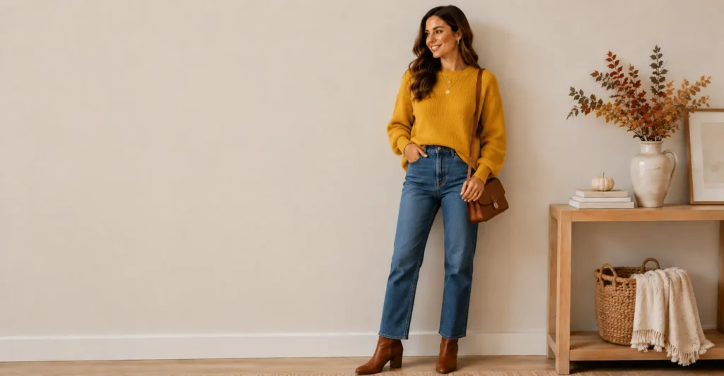 35 Effortless Friendsgiving Outfit Ideas for a Cute and Cozy Celebration 11 Friendsgiving outfit ideas with a mustard sweater, blue denim, and ankle boots