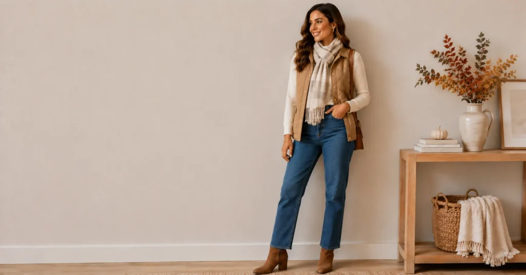 35 Effortless Friendsgiving Outfit Ideas for a Cute and Cozy Celebration 12 Friendsgiving outfit ideas with a quilted vest layered over a long-sleeve top