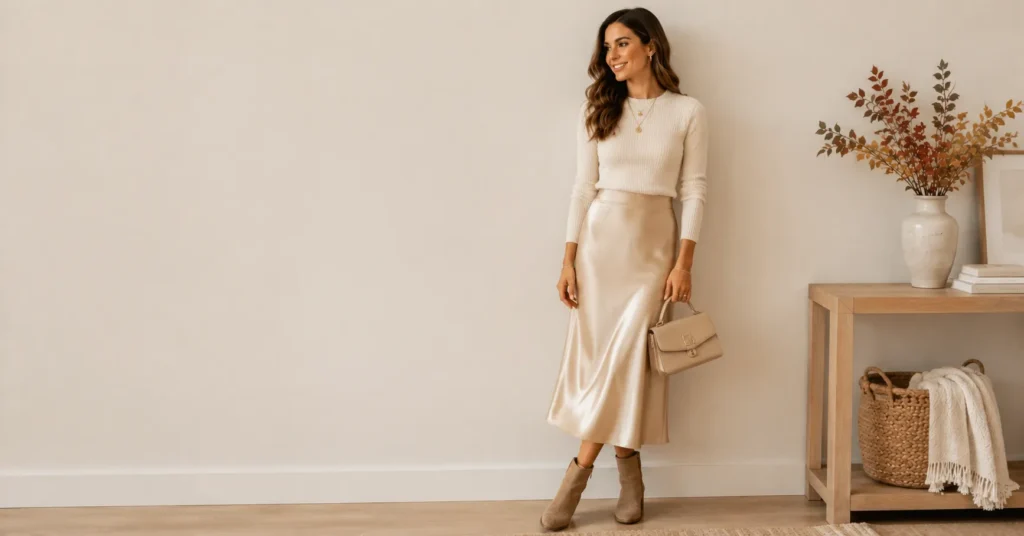 35 Effortless Friendsgiving Outfit Ideas for a Cute and Cozy Celebration 6 Friendsgiving outfit ideas with a satin slip skirt and cozy knit top