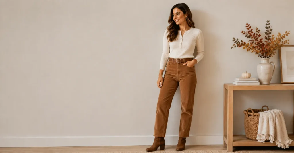 35 Effortless Friendsgiving Outfit Ideas for a Cute and Cozy Celebration 8 Friendsgiving outfit ideas with corduroy pants and a cozy henley top