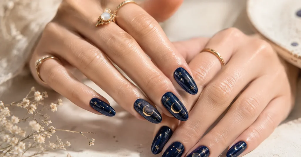 Goddess Nails Ideas with Celestial Gold and Navy Nail Art