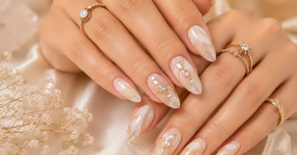 Goddess Nails Ideas with Marble and Crystal Embellishments