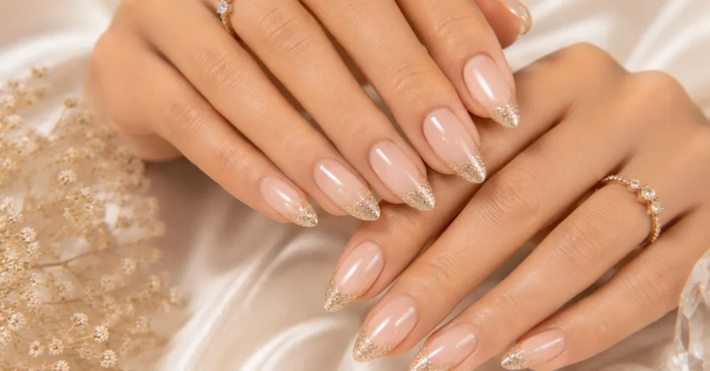 Goddess Nails Ideas with Champagne Glitter French Tips