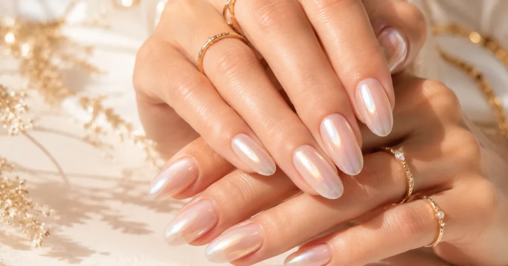 Goddess Nails Ideas featuring Pearlescent Nude Nails
