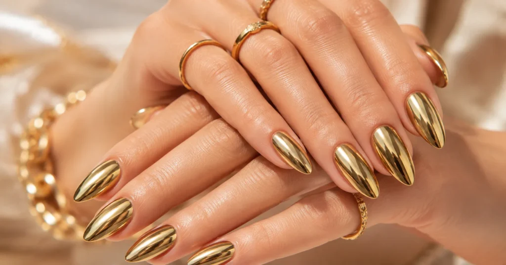 Goddess Nails Ideas with Glamorous Golden Chrome Nails