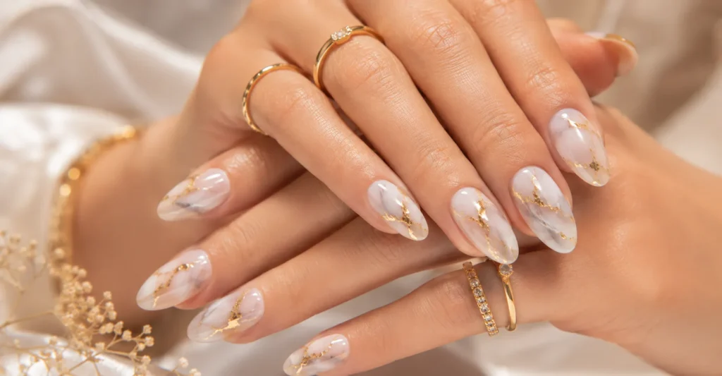 Goddess Nails Ideas with Soft Marble and Gold Foil
