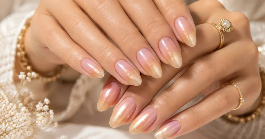 Goddess Nails Ideas with Blush to Gold Ombre Nails