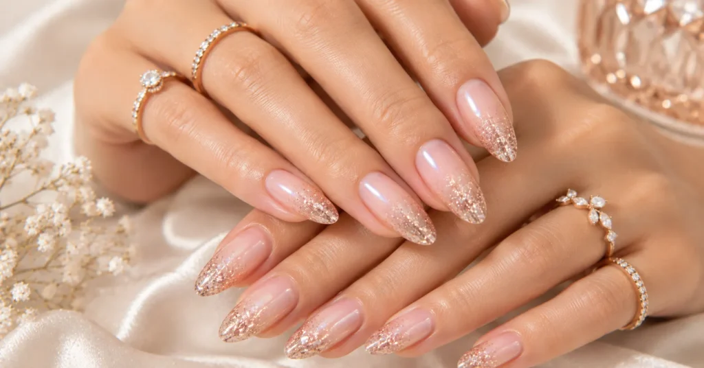 Goddess Nails Ideas with Rose Gold Glitter Fade