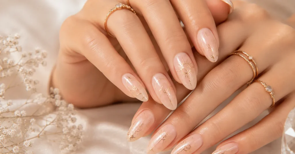 Goddess Nails Ideas with Minimalist Gold Line Art