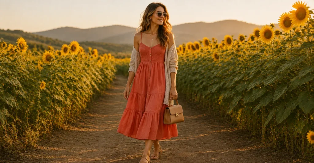 Golden hour Sunflower Field Outfit Ideas with a stylish sundress.