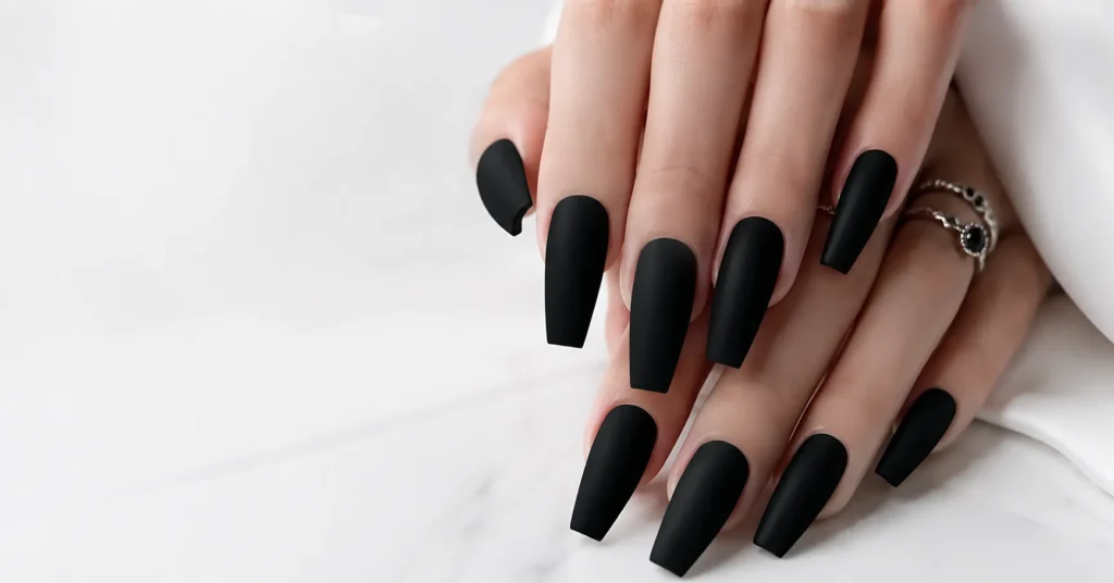 12 Bewitching Gothic Coffin Nails Ideas for a Dark and Glamorous Manicure 3 Gothic Coffin Nails Ideas with Classic Matte Black Nails