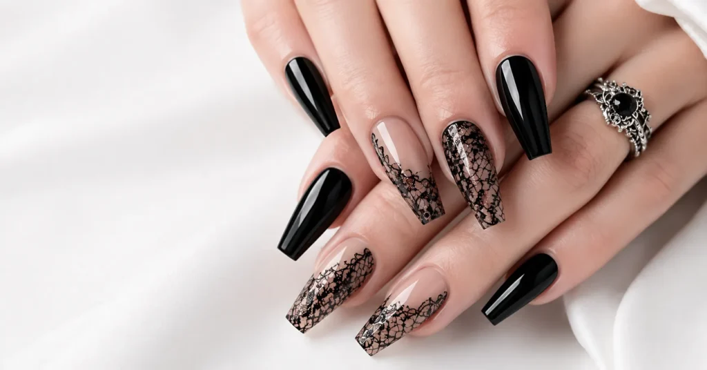 12 Bewitching Gothic Coffin Nails Ideas for a Dark and Glamorous Manicure 4 Gothic Coffin Nails Ideas with Elegant Black Lace Overlay