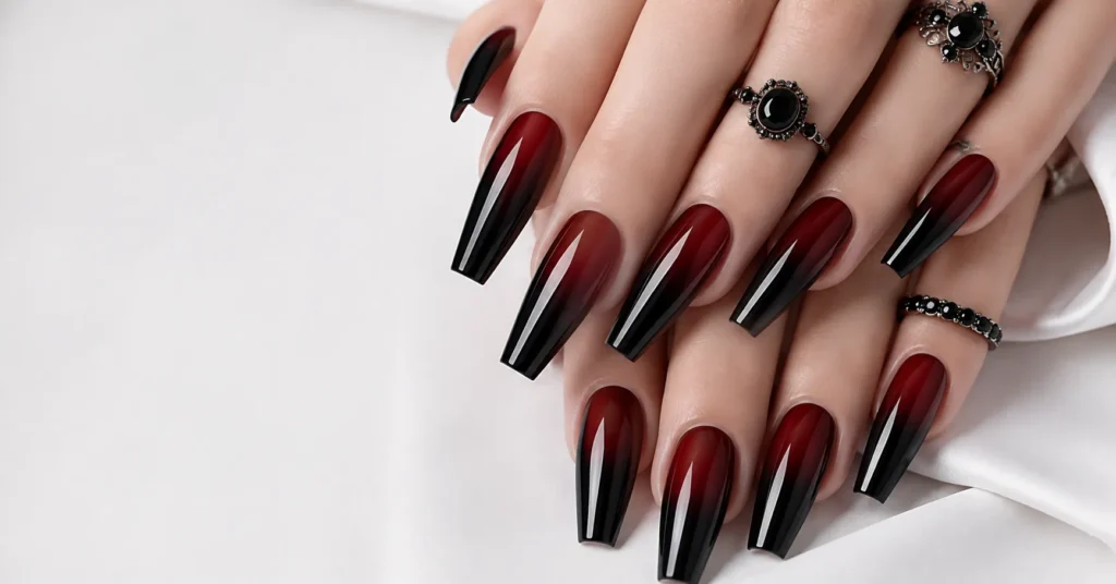 12 Bewitching Gothic Coffin Nails Ideas for a Dark and Glamorous Manicure 5 Gothic Coffin Nails Ideas with Blood Red and Black Ombre