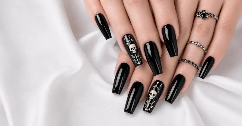 12 Bewitching Gothic Coffin Nails Ideas for a Dark and Glamorous Manicure 12 Gothic Coffin Nails Ideas with Skull and Bone Nail Art