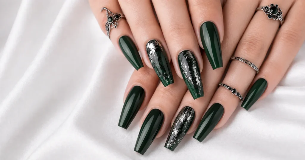 12 Bewitching Gothic Coffin Nails Ideas for a Dark and Glamorous Manicure 13 Gothic Coffin Nails Ideas with Deep Green and Black Foil