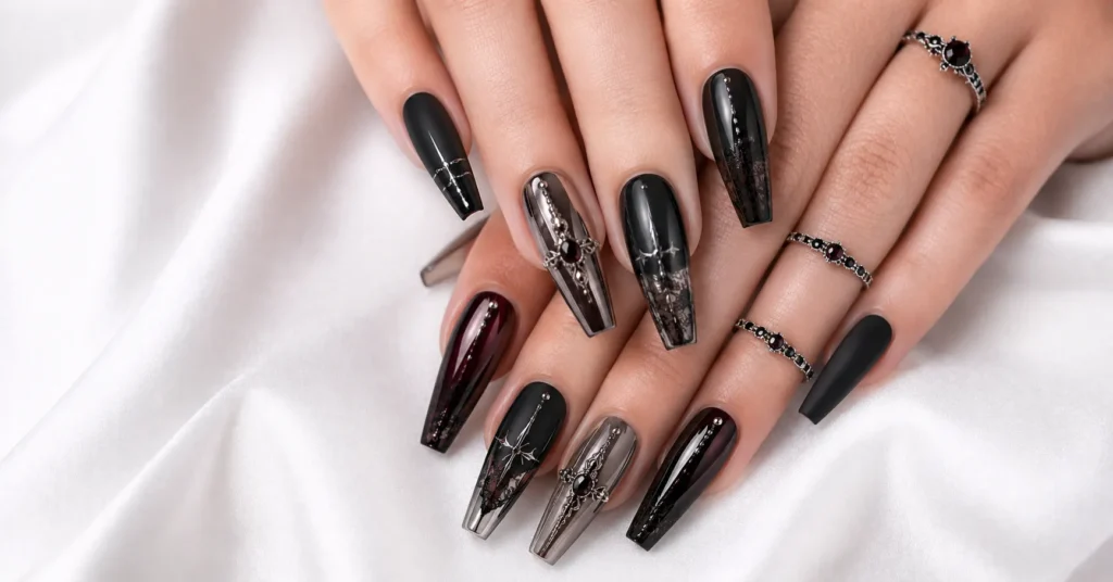 12 Bewitching Gothic Coffin Nails Ideas for a Dark and Glamorous Manicure 14 Gothic Coffin Nails Ideas with a Glamorous Press-On Gothic Nail Set