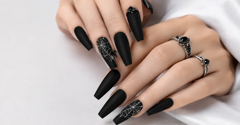 12 Bewitching Gothic Coffin Nails Ideas for a Dark and Glamorous Manicure 6 Gothic Coffin Nails Ideas with Spider Web Accent Nail Art