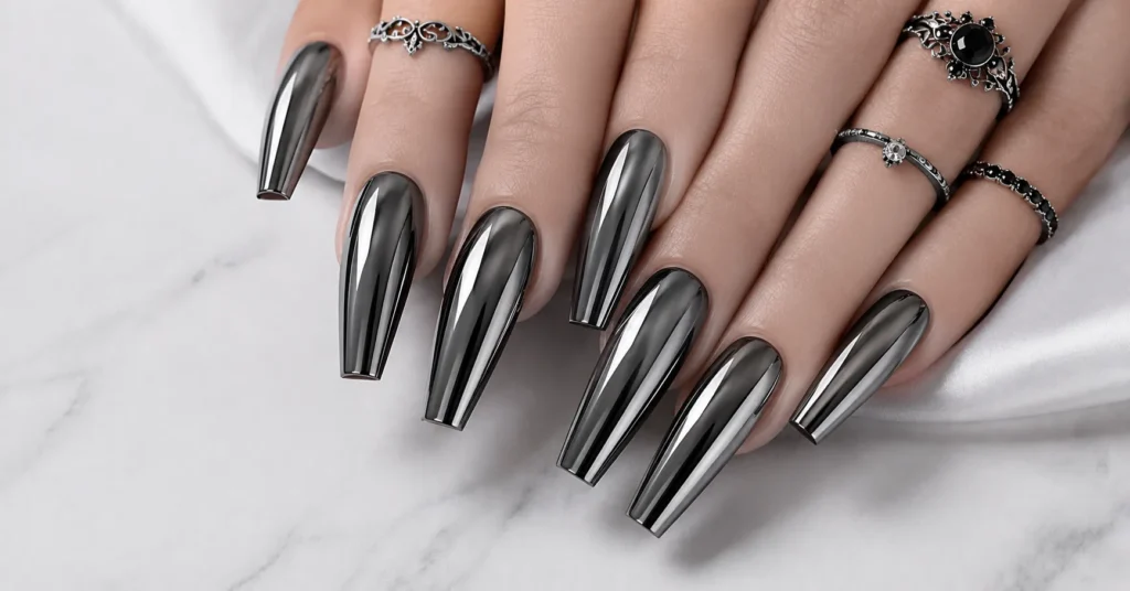 12 Bewitching Gothic Coffin Nails Ideas for a Dark and Glamorous Manicure 7 Gothic Coffin Nails Ideas with Glamorous Gunmetal Chrome Finish