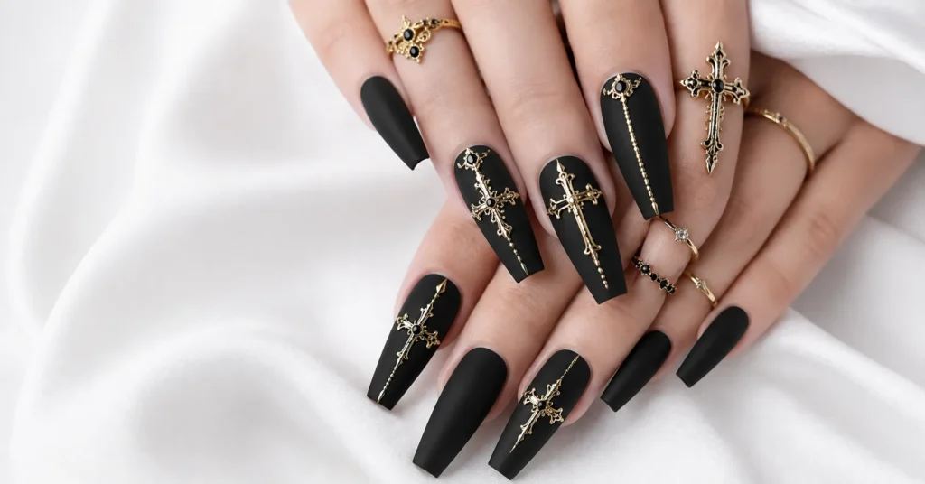 12 Bewitching Gothic Coffin Nails Ideas for a Dark and Glamorous Manicure 8 Gothic Coffin Nails Ideas with Elegant Gold Cross Details
